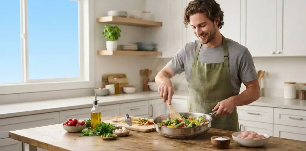 Man preparing dinner with fresh ingredients