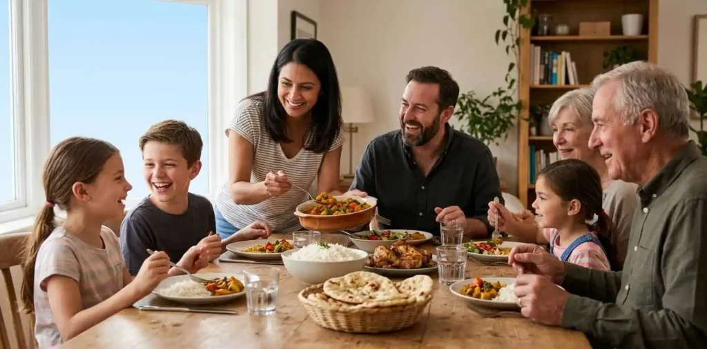 Family sharing food around cozy dinner table