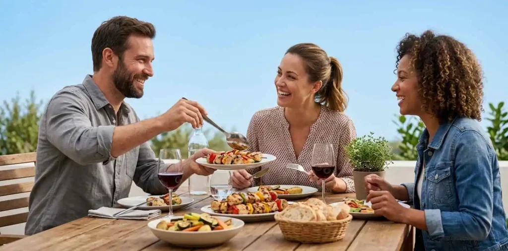 Friends sharing dinner and laughing around table