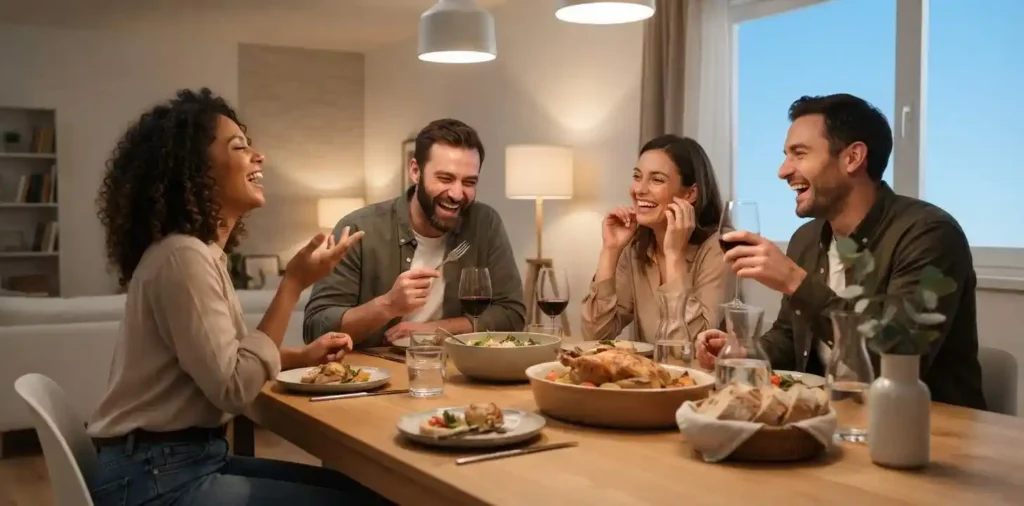Friends laughing together around dinner table