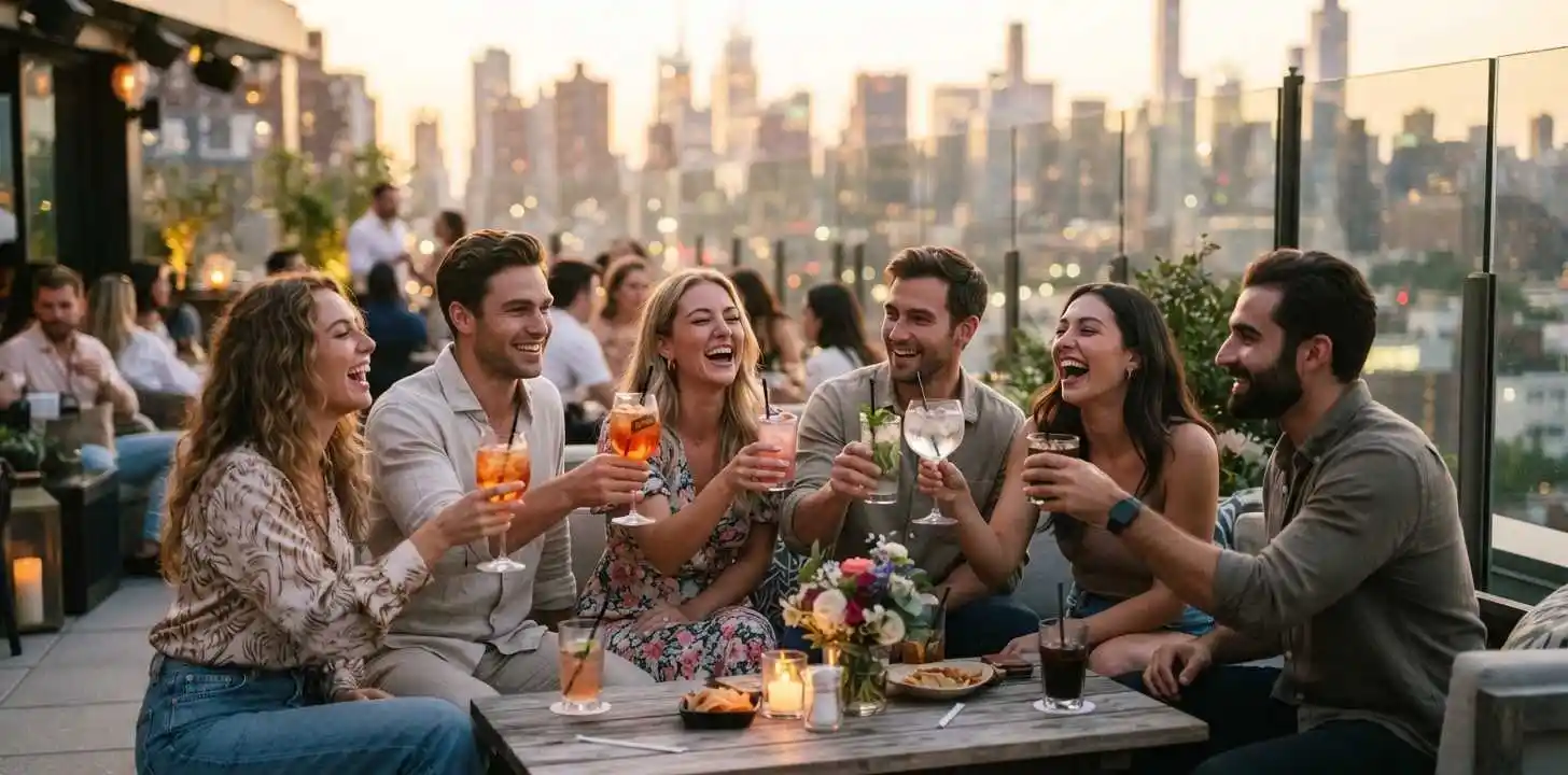 Friends enjoying colorful drinks at a stylish rooftop gathering