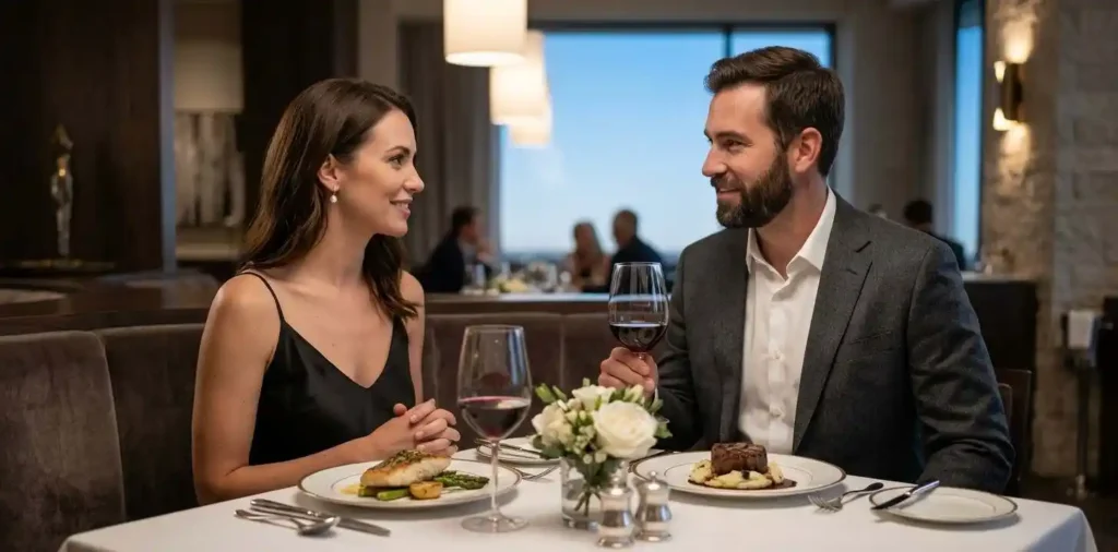 Couple enjoying elegant dinner at upscale restaurant
