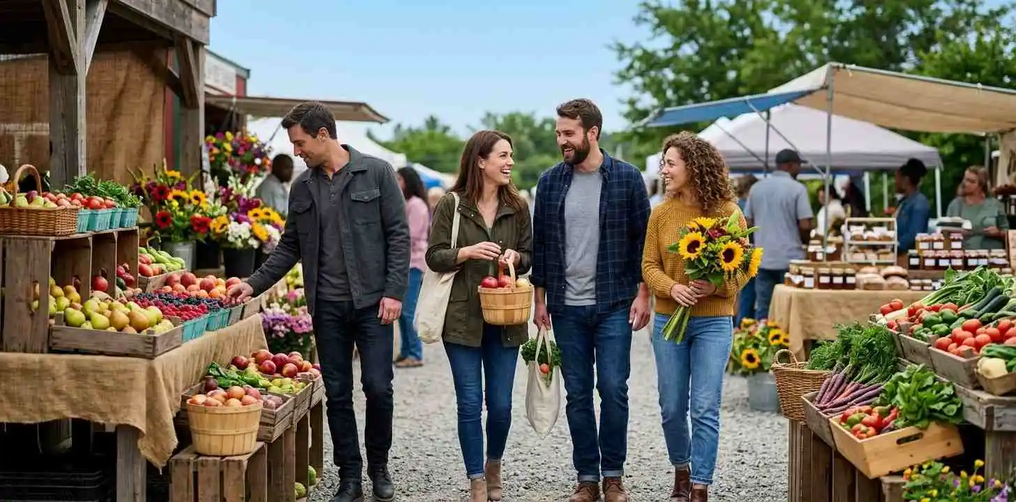 Friends shopping for fresh produce at farmers market