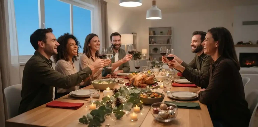 Friends celebrating festive dinner around decorated table