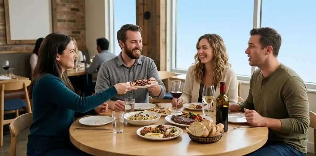 Friends sharing food during casual restaurant dinner