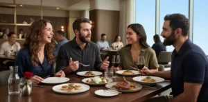 Friends enjoying food at favorite restaurant
