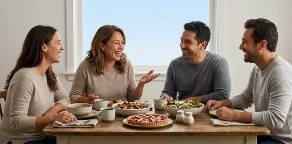 Friends reminiscing over food and shared memories