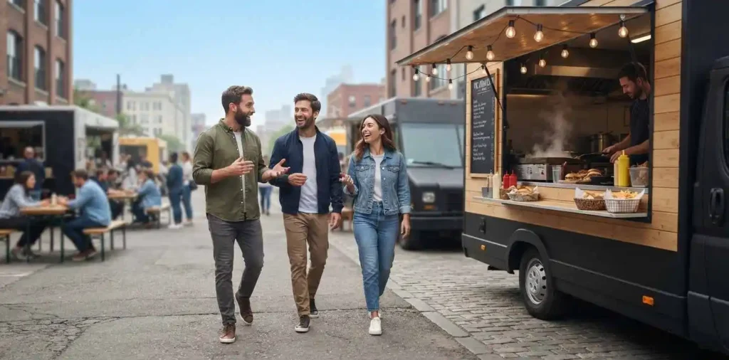 Friends discovering food truck during city adventure