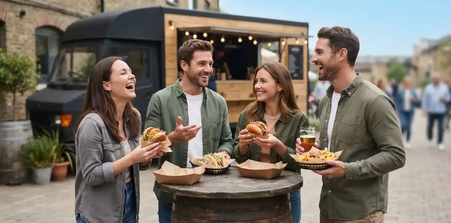 Friends enjoying street food at colorful food truck