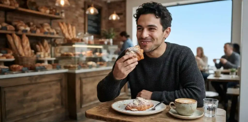 Foodie enjoying fresh pastries at cozy bakery