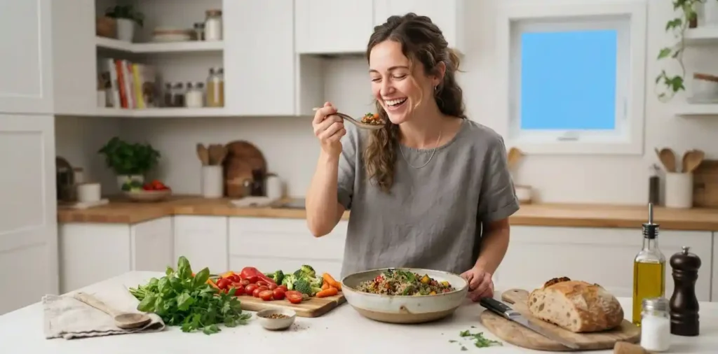 Food lover enjoying homemade meal in kitchen