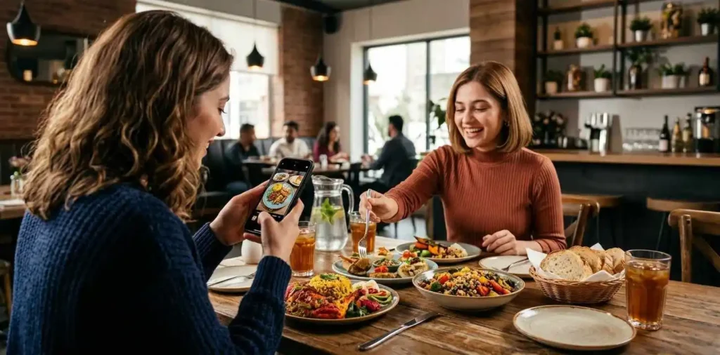 Friends enjoying gourmet lunch at a stylish restaurant