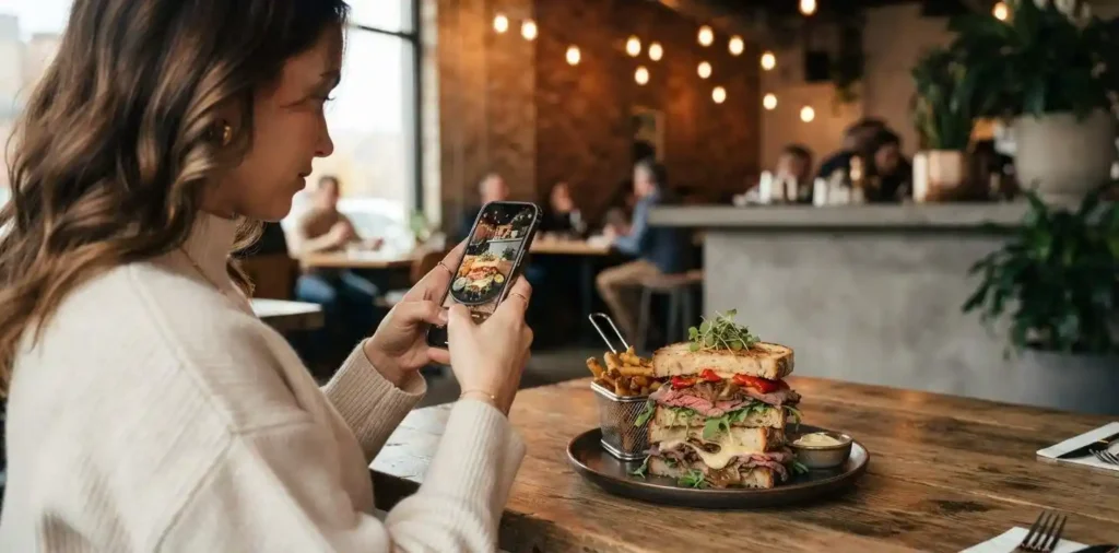 Food lover photographing a gourmet sandwich at lunch