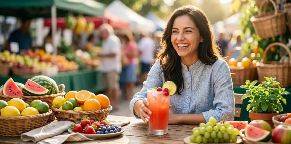 Woman enjoying colorful fresh fruit juice outdoors