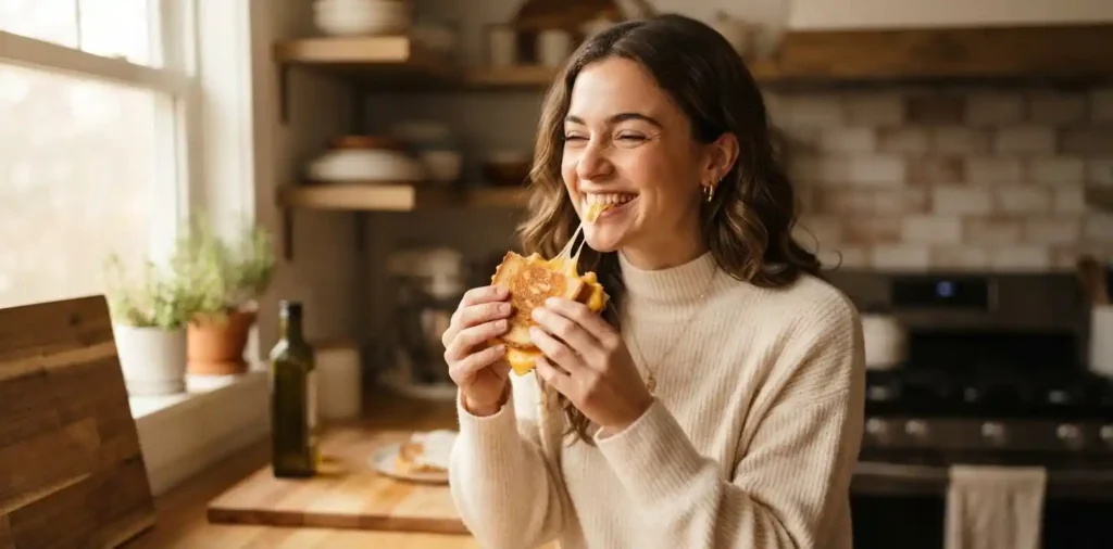 Woman enjoying grilled cheese in a cozy kitchen