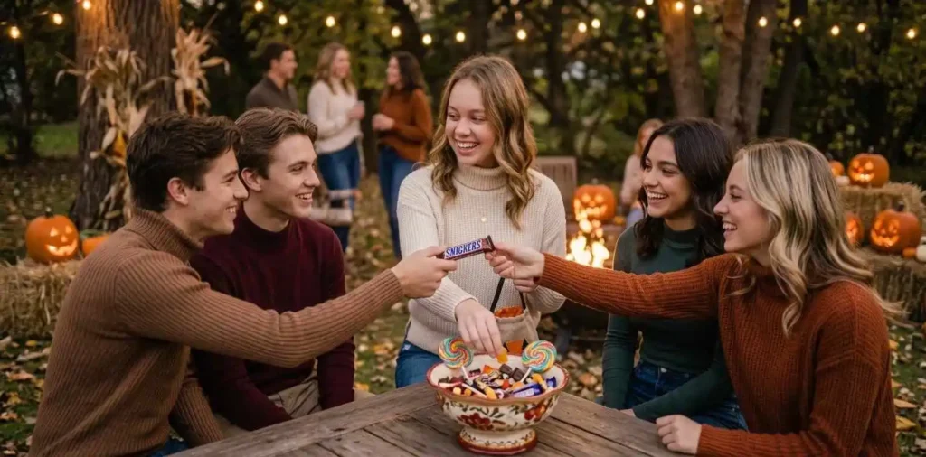 Friends sharing Halloween candy at an evening party