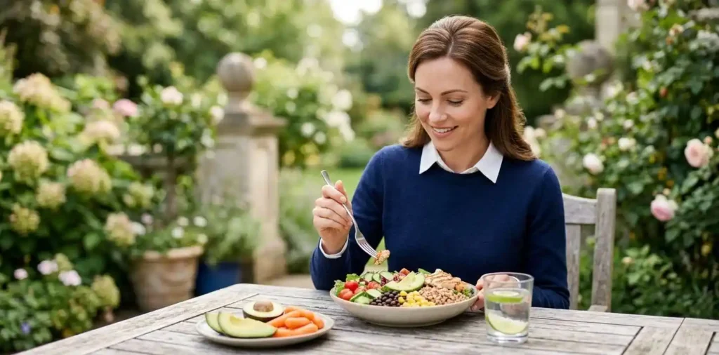 Woman enjoying a colorful healthy lunch outdoors