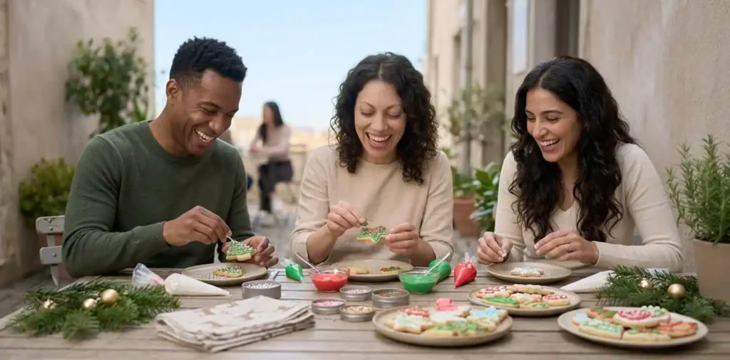 Friends decorating holiday cookies together