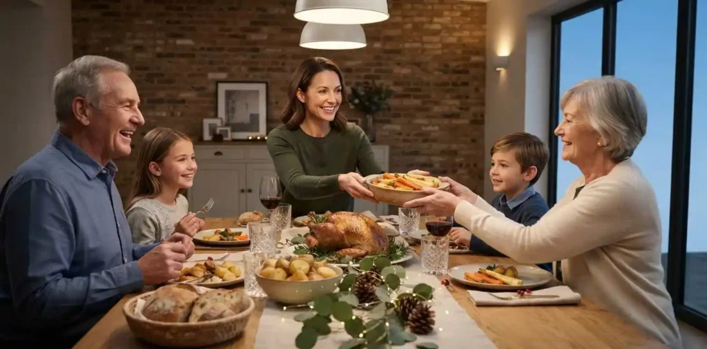 Family celebrating holiday dinner around festive table