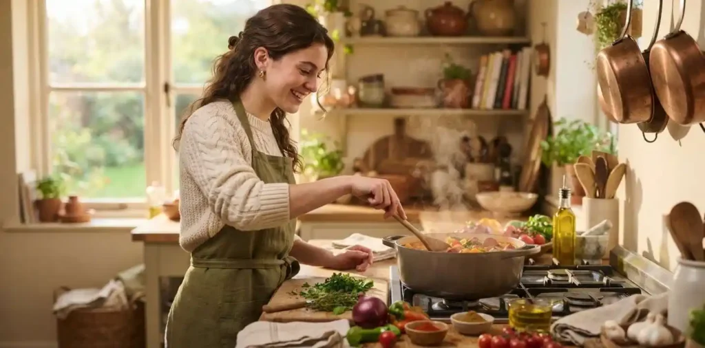 Woman stirring a homemade meal in a cozy kitchen