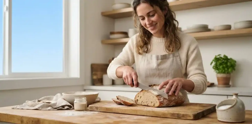Woman preparing freshly baked bread in kitchen