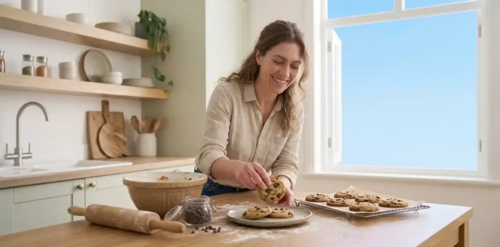 Woman enjoying fresh homemade cookies outdoors
