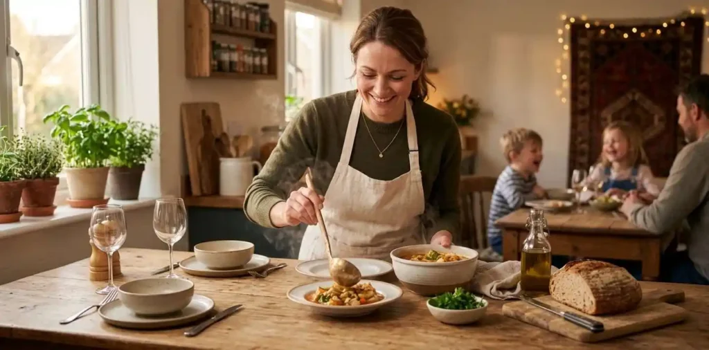 Woman serving homemade dinner in a cozy kitchen