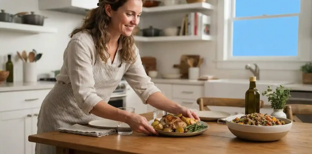 Fresh homemade meal served on kitchen table