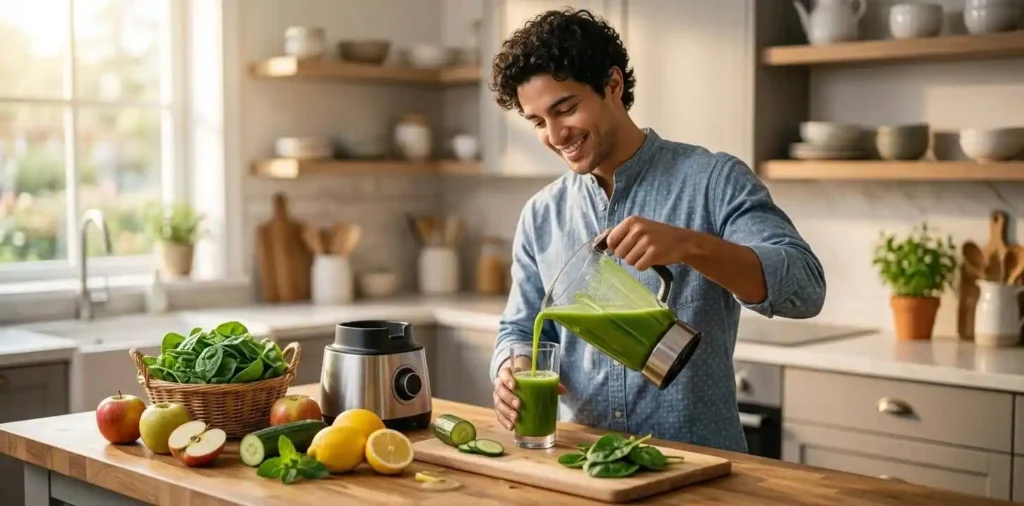 Man preparing fresh homemade juice in kitchen