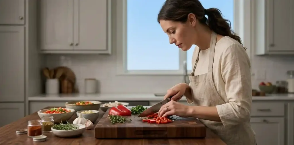 Woman preparing homemade recipe with fresh ingredients