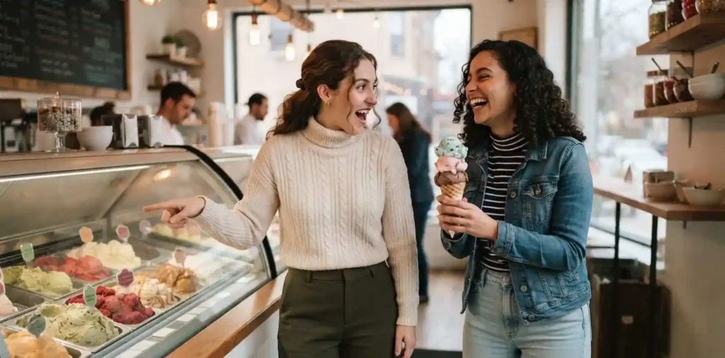 Friends choosing ice cream inside a colorful shop