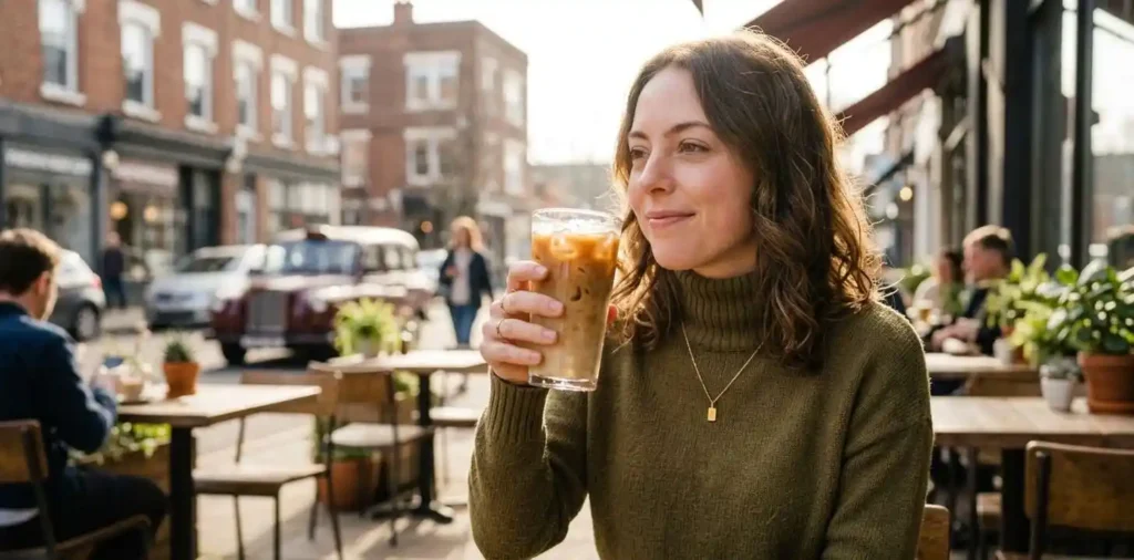 Woman enjoying iced coffee at outdoor cafe