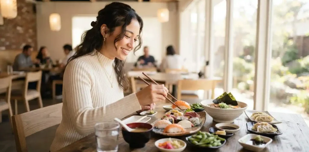 Woman enjoying traditional Japanese dishes at lunch