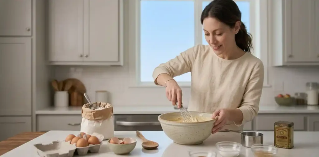 Woman mixing ingredients in bright kitchen