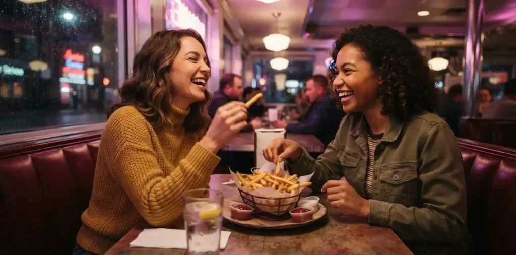 Friends sharing fries at a late-night diner
