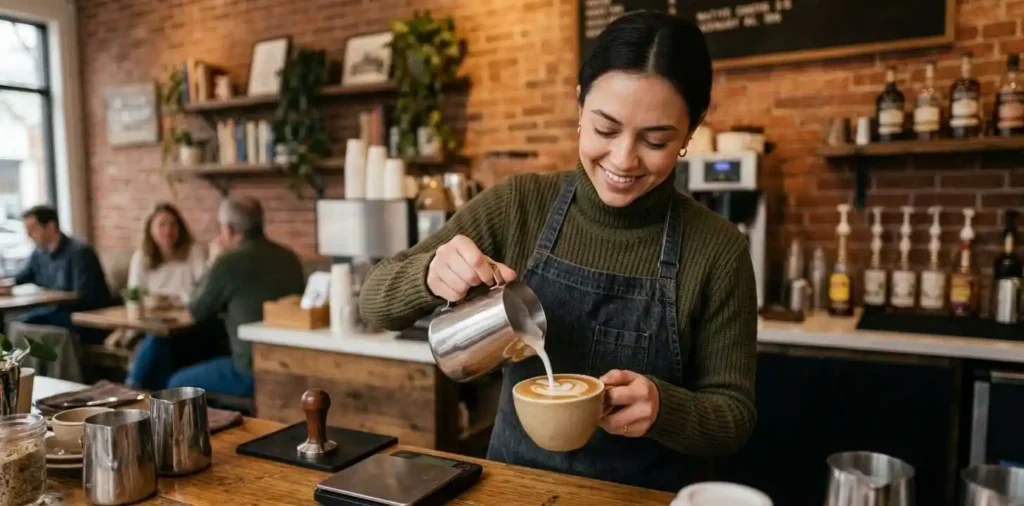 Barista pouring delicate latte art into coffee
