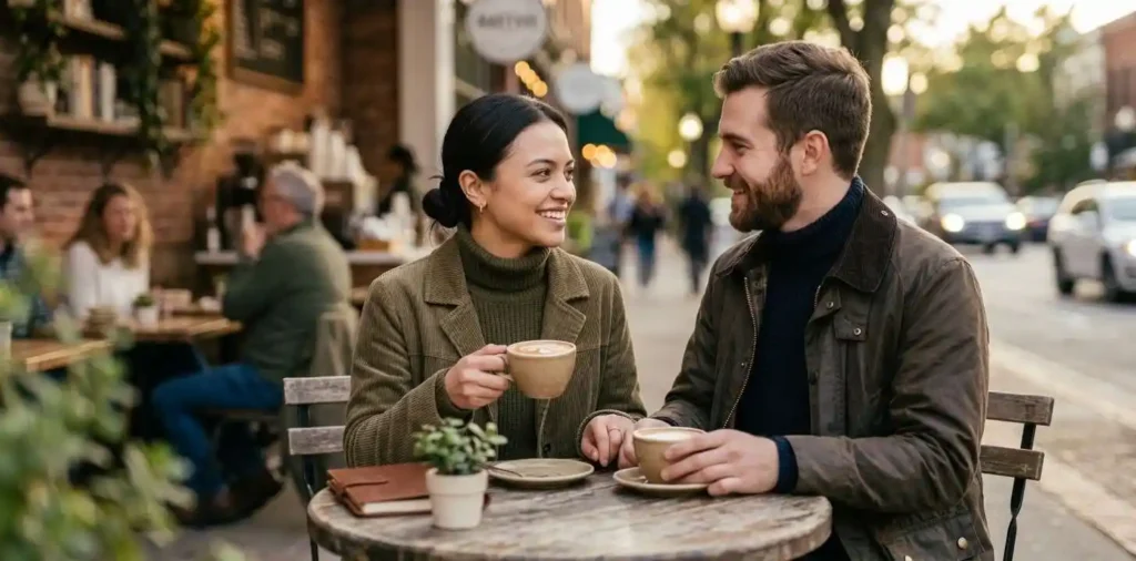 Couple sharing lattes at an outdoor café