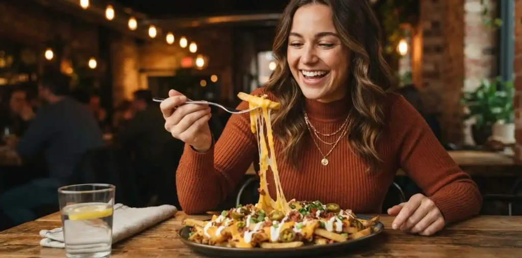Woman enjoying cheesy loaded fries at a restaurant