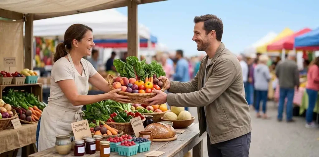 Local vendor sharing fresh food with customer