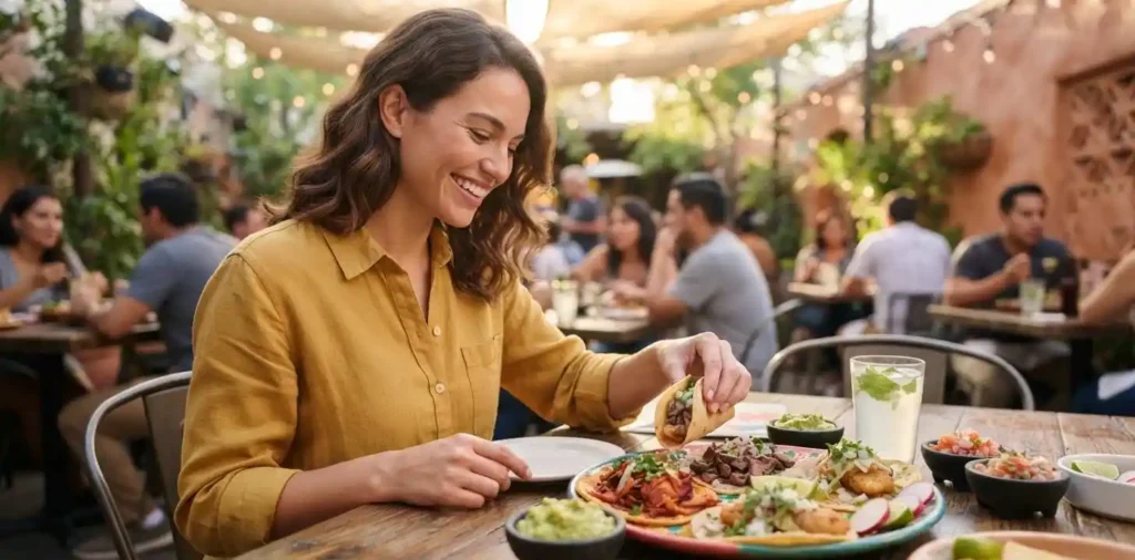 Woman enjoying a colorful Mexican food platter