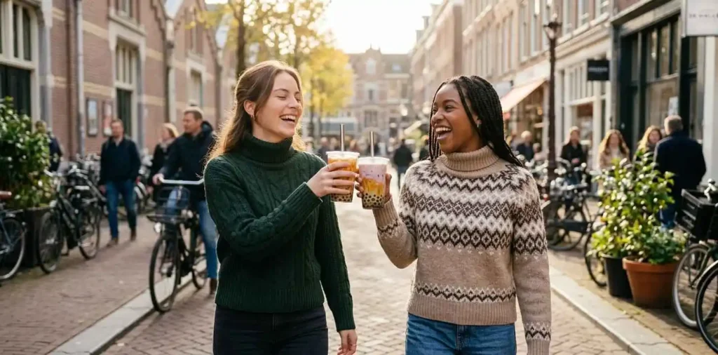 Friends sharing milk tea during a sunny afternoon