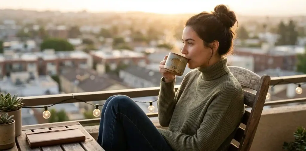 Woman enjoying coffee on a sunny balcony