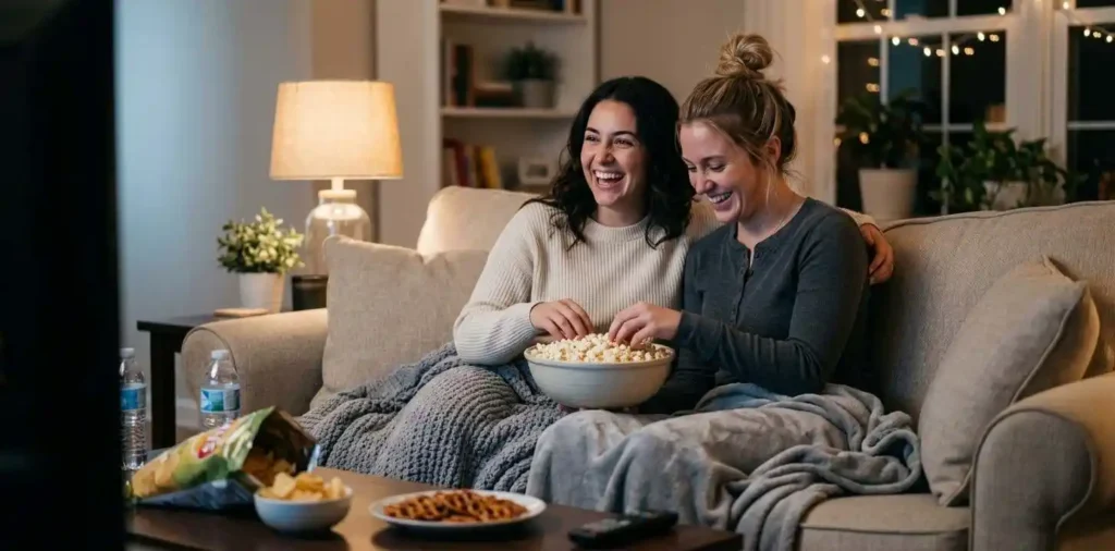 Friends sharing popcorn during a cozy movie night