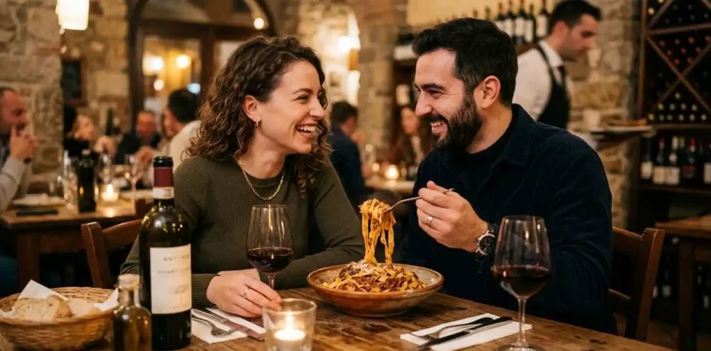 Couple sharing pasta at an Italian restaurant