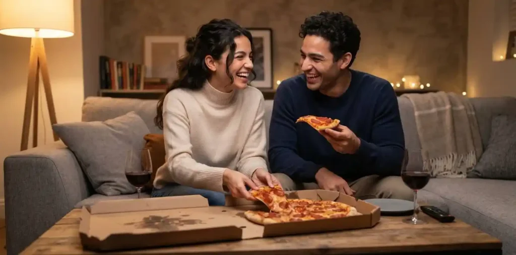 Couple enjoying pizza during a cozy movie night