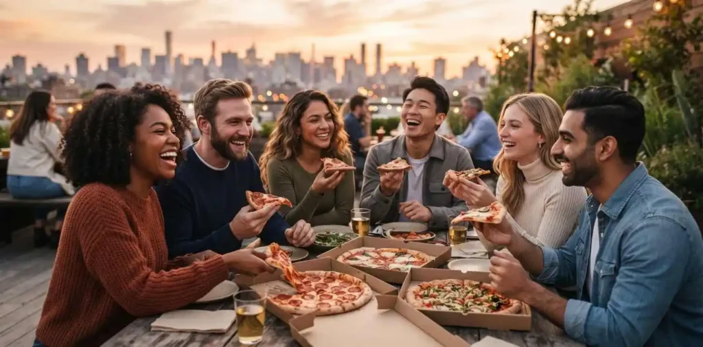 Friends sharing pizza at an outdoor gathering