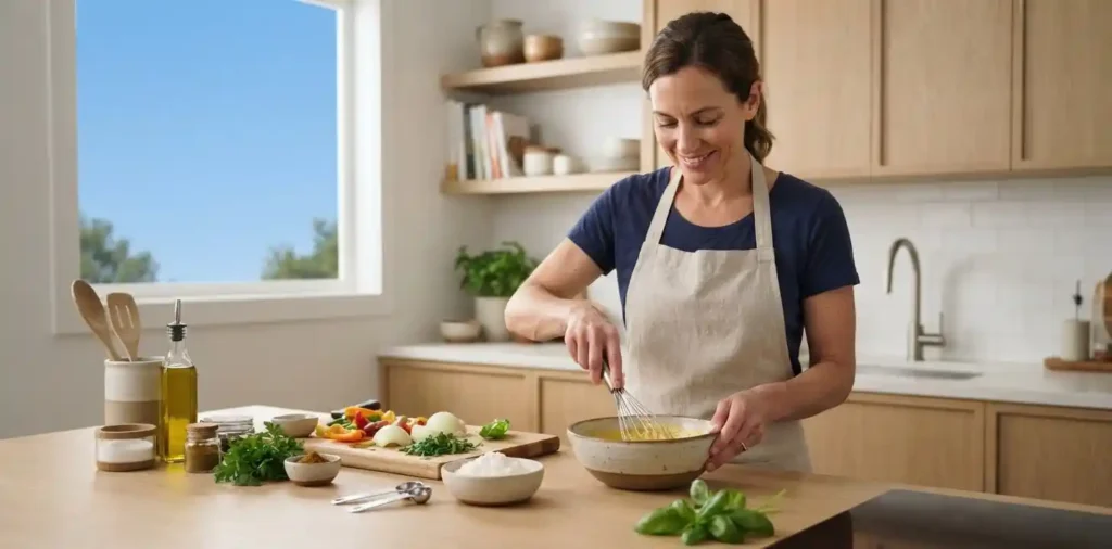 Home cook following recipe with fresh ingredients