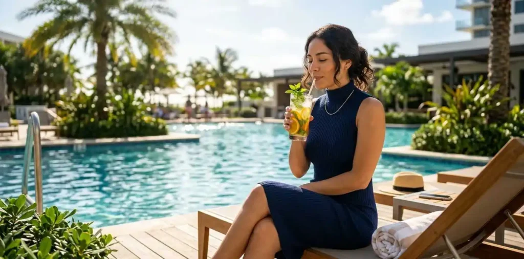 Woman enjoying a chilled drink by the pool