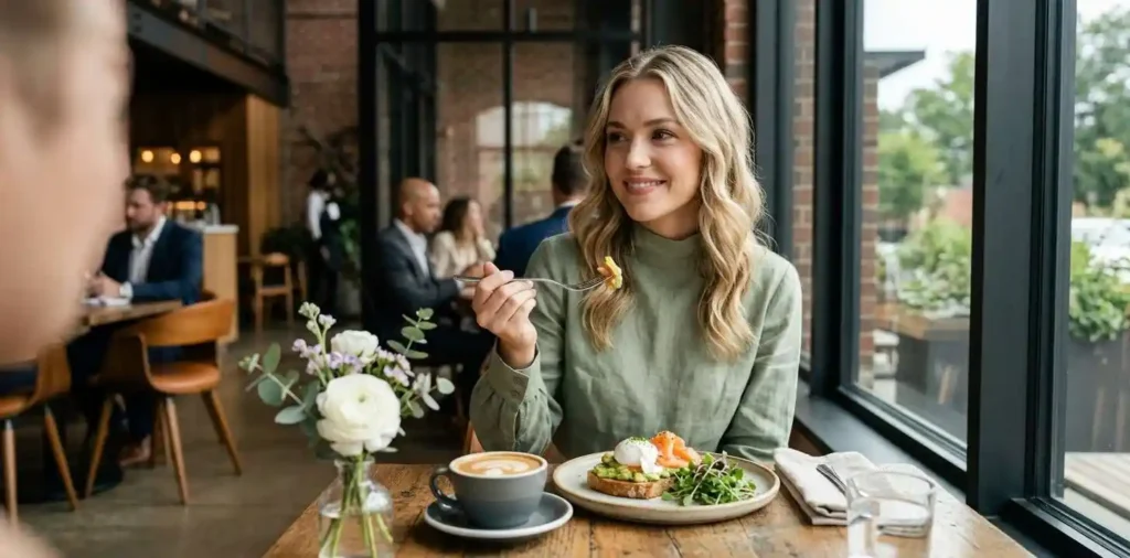 Woman enjoying a stylish brunch at a restaurant