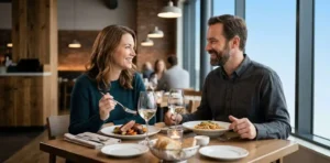 Couple enjoying romantic restaurant date together